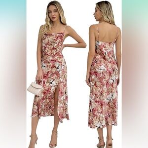 Floral Pink Sleeveless Satin Dress